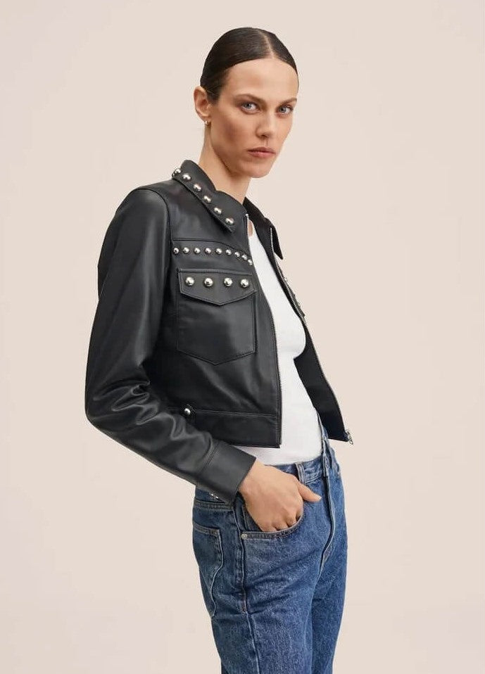 Women's Black Studded Trucker Leather Jacket