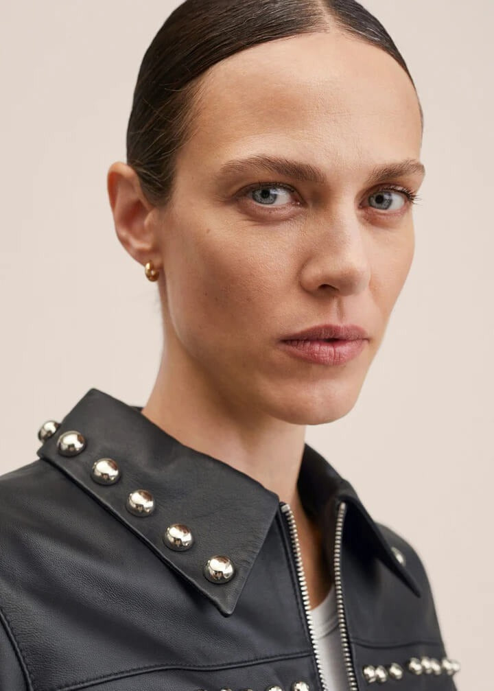 Women's Black Studded Trucker Leather Jacket