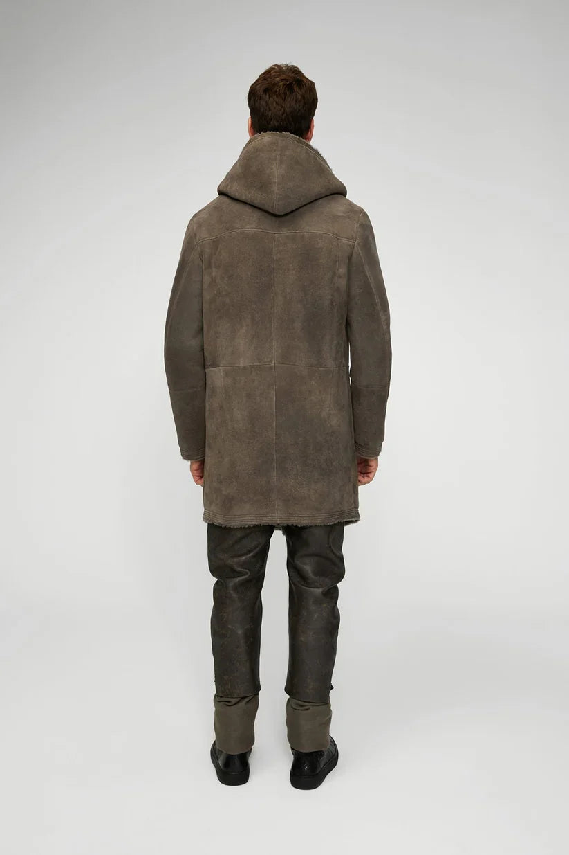 Men’s Sheepskin Leather Coat in Gray with Hood