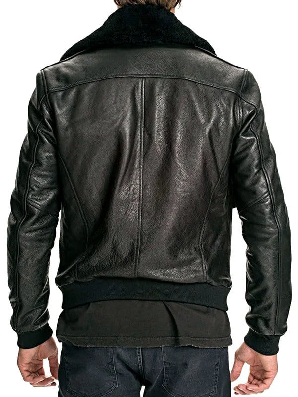 Black Genuine Leather Bomber Jacket for Men Aviator Style.