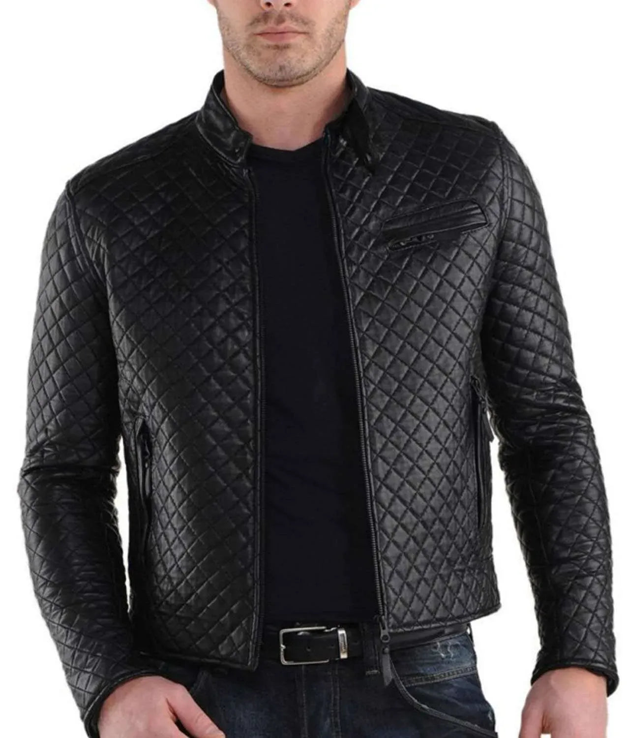 Men’s slim fit quilted leather jacket with snap tab collar
