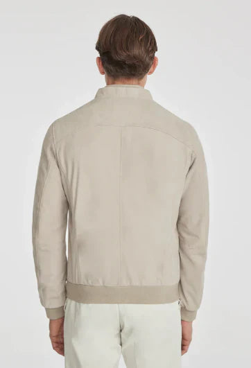 Men's Bomber Suede Leather Jacket in Off-White - Arcane