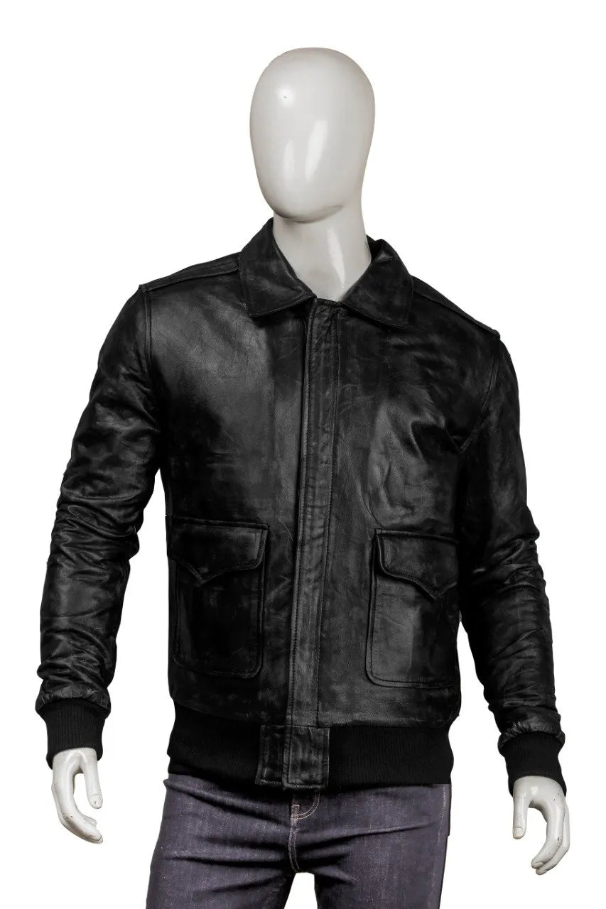 Genuine Sheepskin Leather Bomber Jacket for Men Black.