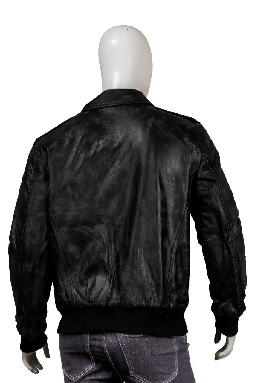 Men’s Solid Black Real Leather Bomber Jacket Winter Wear.