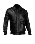Men’s Real Sheepskin Leather Bomber Jacket Solid Black.