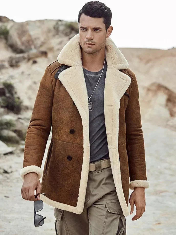 New Men's Off-White B7 Bomber Sheepskin Leather Coat in Brown