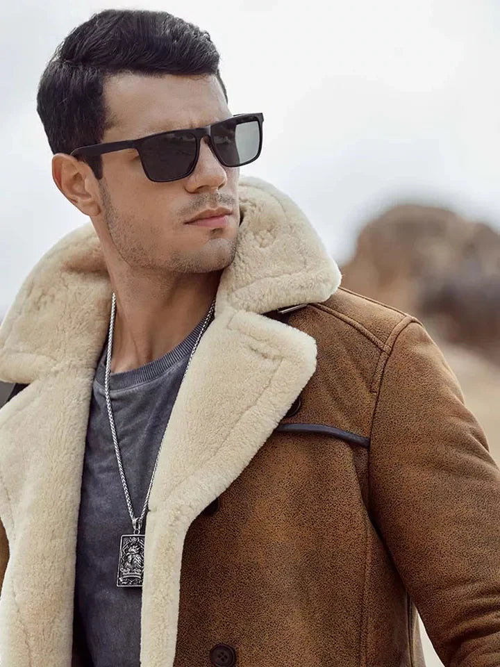 New Men's Off-White B7 Bomber Sheepskin Leather Coat in Brown