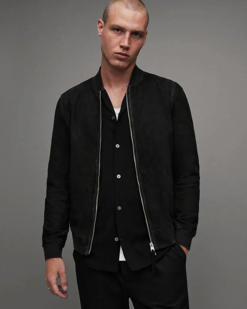 Premium Men's Bomber Suede Leather Jacket in Black