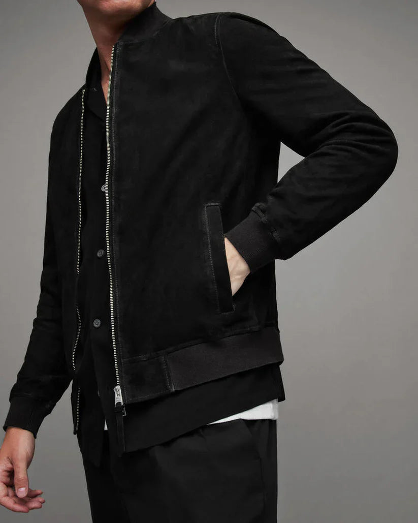 Premium Men's Bomber Suede Leather Jacket in Black